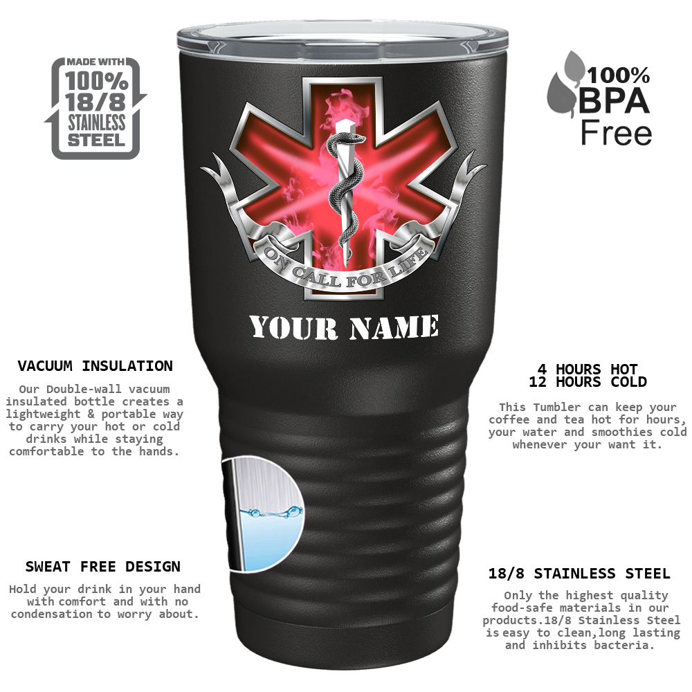 Personalized EMT EMS On Call for Life Red Badge on 30oz Black Paramedic Tumbler