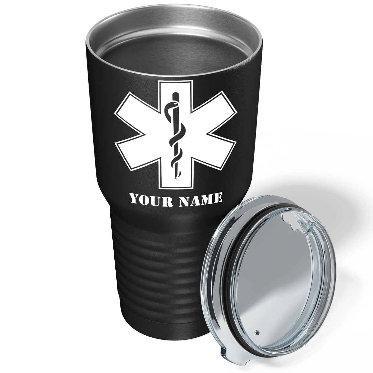 Personalized EMT EMS Caduceus Silhouette on 30oz Black Paramedic Tumbler