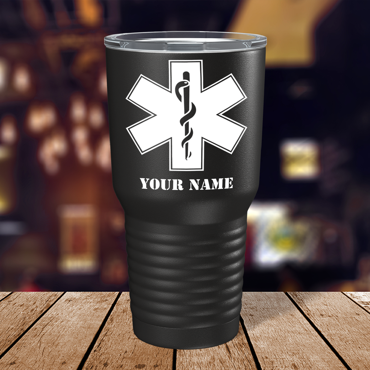 Personalized EMT EMS Caduceus Silhouette on 30oz Black Paramedic Tumbler