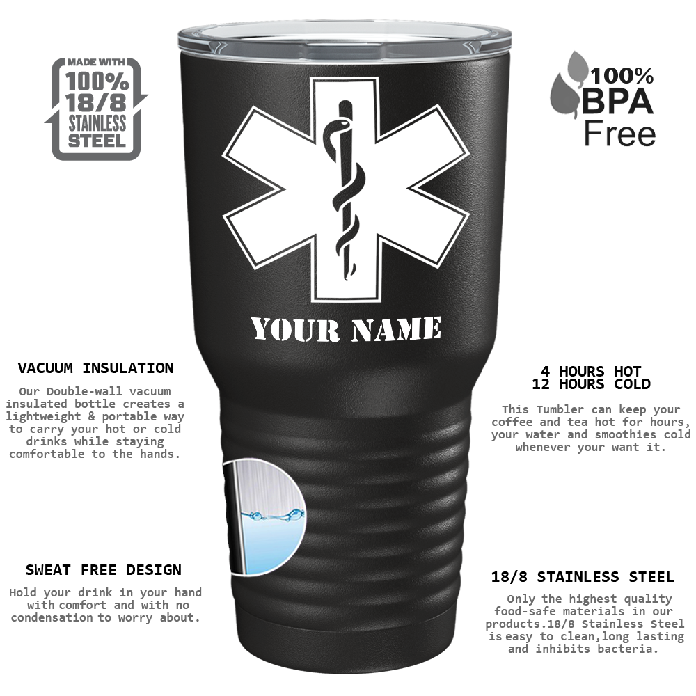 Personalized EMT EMS Caduceus Silhouette on 30oz Black Paramedic Tumbler