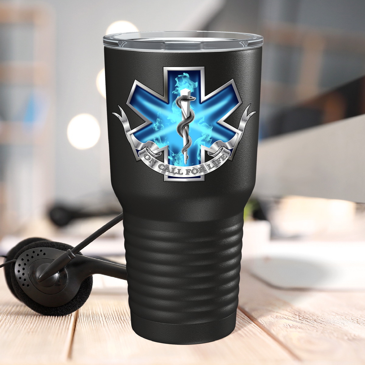 Blue On Call for Life on 30oz Black Paramedic Tumbler