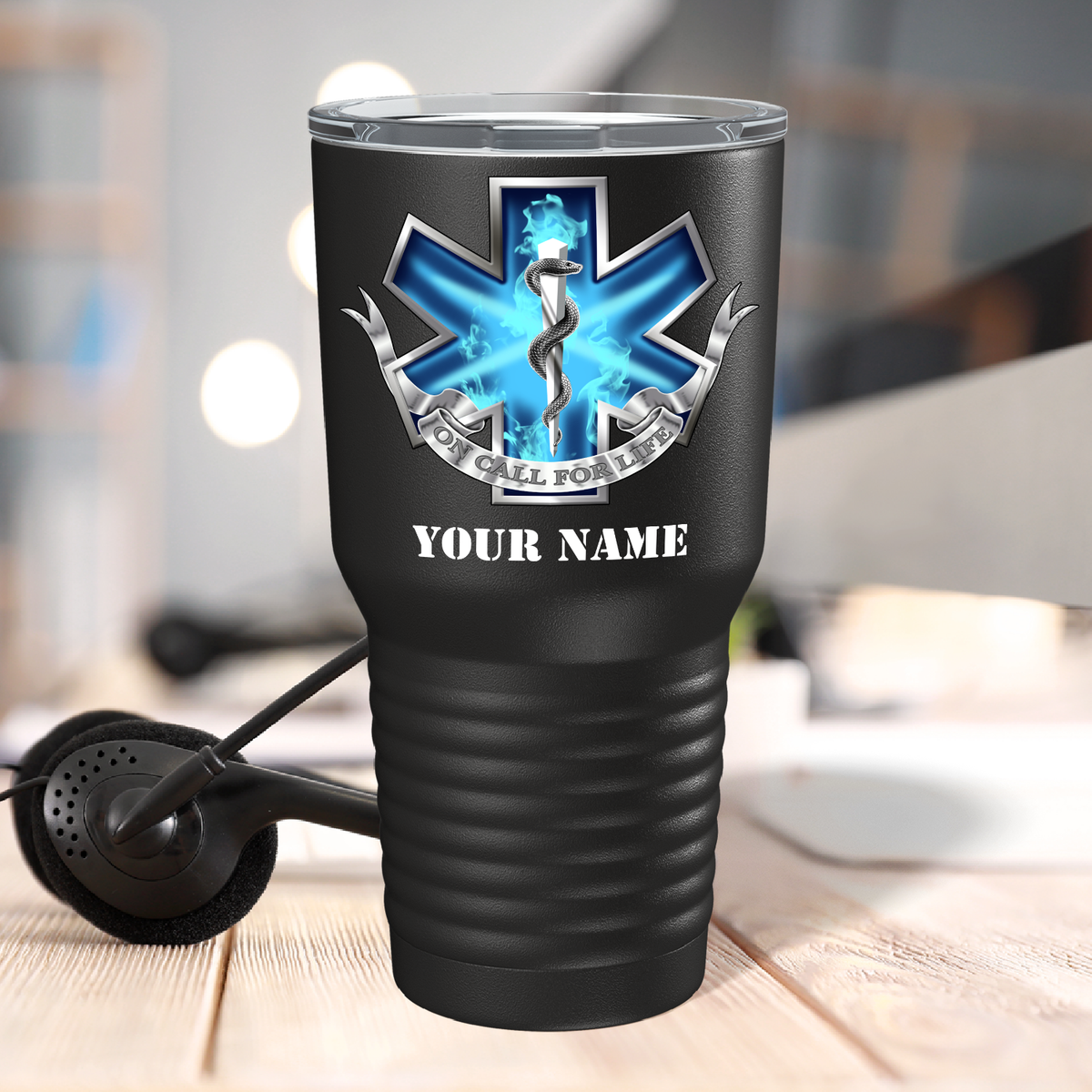 Personalized Blue On Call for Life on 30oz Black Paramedic Tumbler