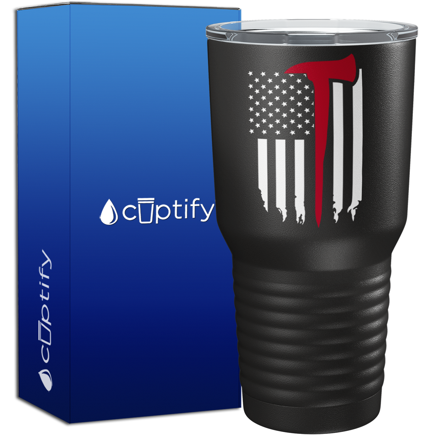 Distressed Thin Red Line Flag with Axe on Black 30oz Firefighter Tumbler