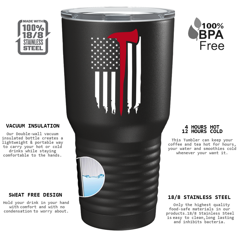Personalized Fireman Axe Thin Red Line Flag on Black 30oz Firefighter Tumbler