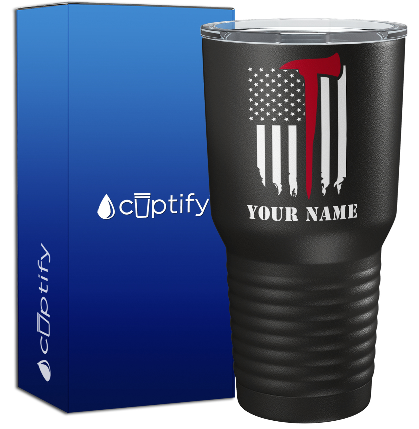 Personalized Fireman Axe Thin Red Line Flag on Black 30oz Firefighter Tumbler