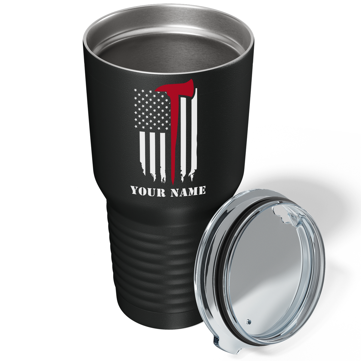 Personalized Fireman Axe Thin Red Line Flag on Black 30oz Firefighter Tumbler