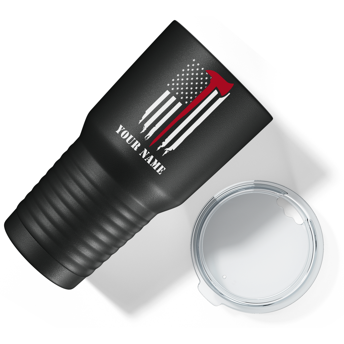 Personalized Fireman Axe Thin Red Line Flag on Black 30oz Firefighter Tumbler