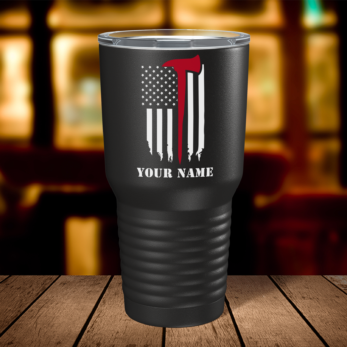 Personalized Fireman Axe Thin Red Line Flag on Black 30oz Firefighter Tumbler