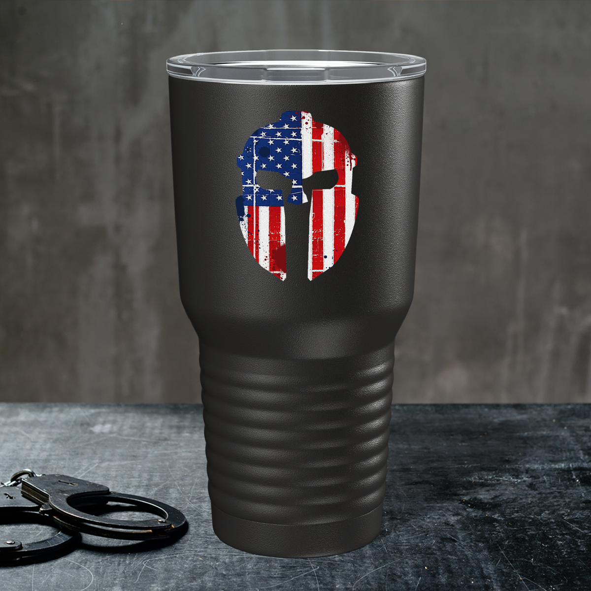 Spartan Helmet American Flag on Black 30oz Police Tumbler