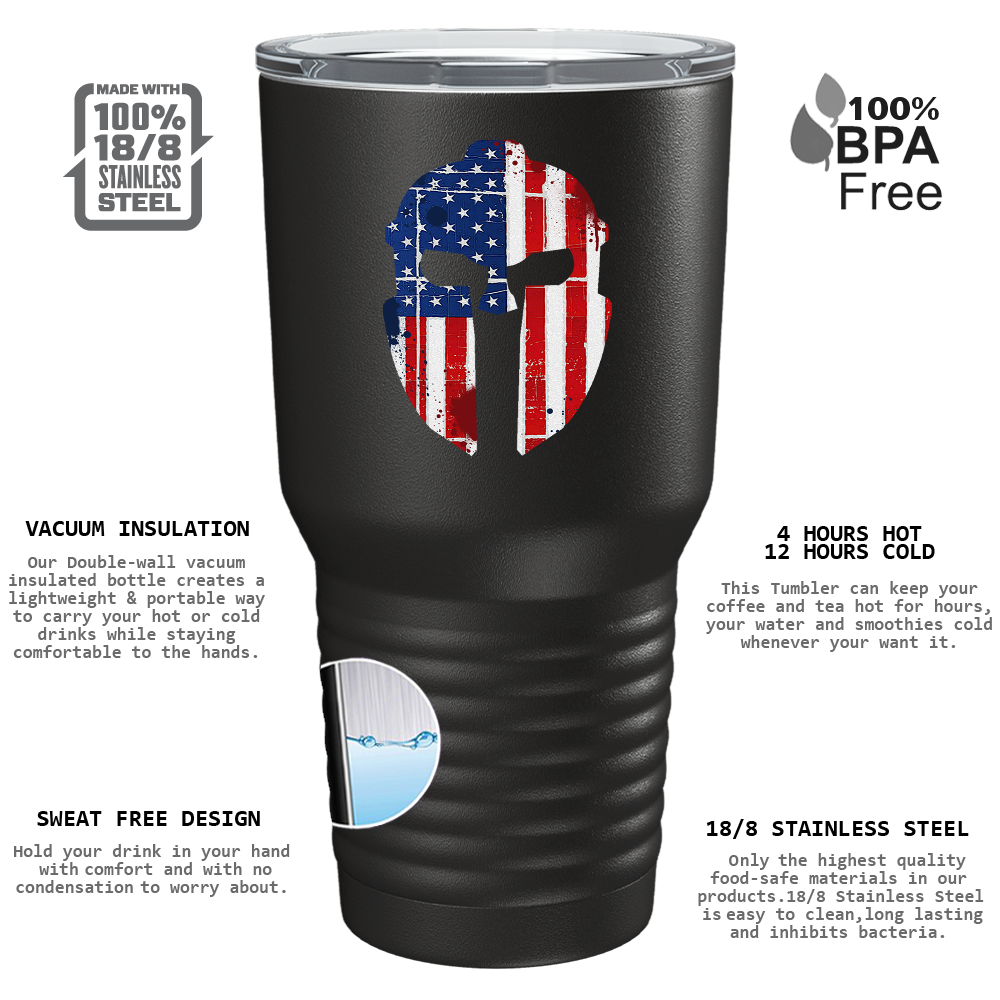 Spartan Helmet American Flag on Black 30oz Police Tumbler
