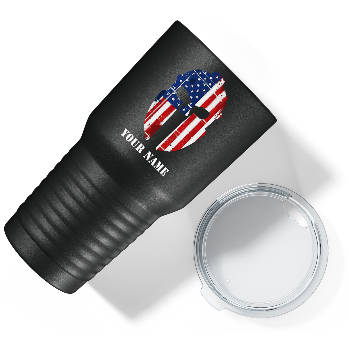 Personalized Spartan Helmet American Flag on Black 30oz Police Tumbler