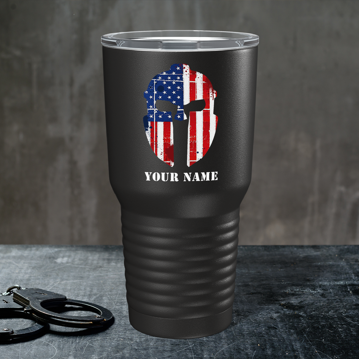 Personalized Spartan Helmet American Flag on Black 30oz Police Tumbler