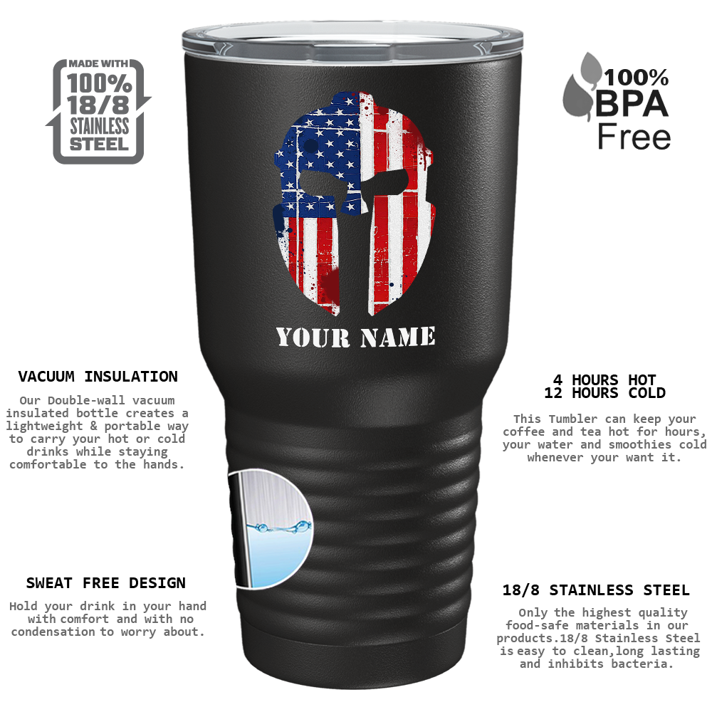 Personalized Spartan Helmet American Flag on Black 30oz Police Tumbler
