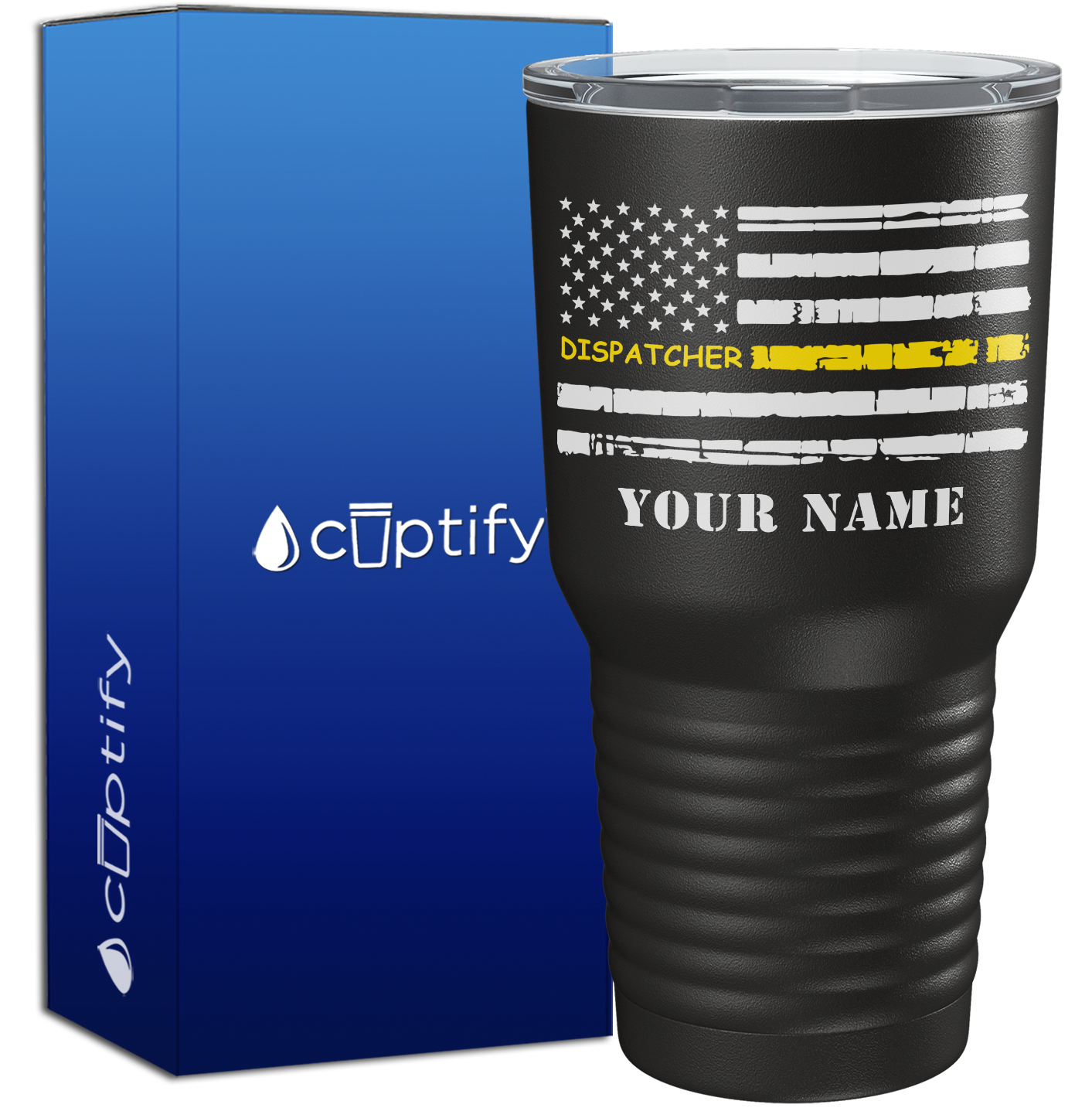 Personalized Distressed Dispatcher Thin Gold Line Flag on Black 30oz Dispatcher Tumbler