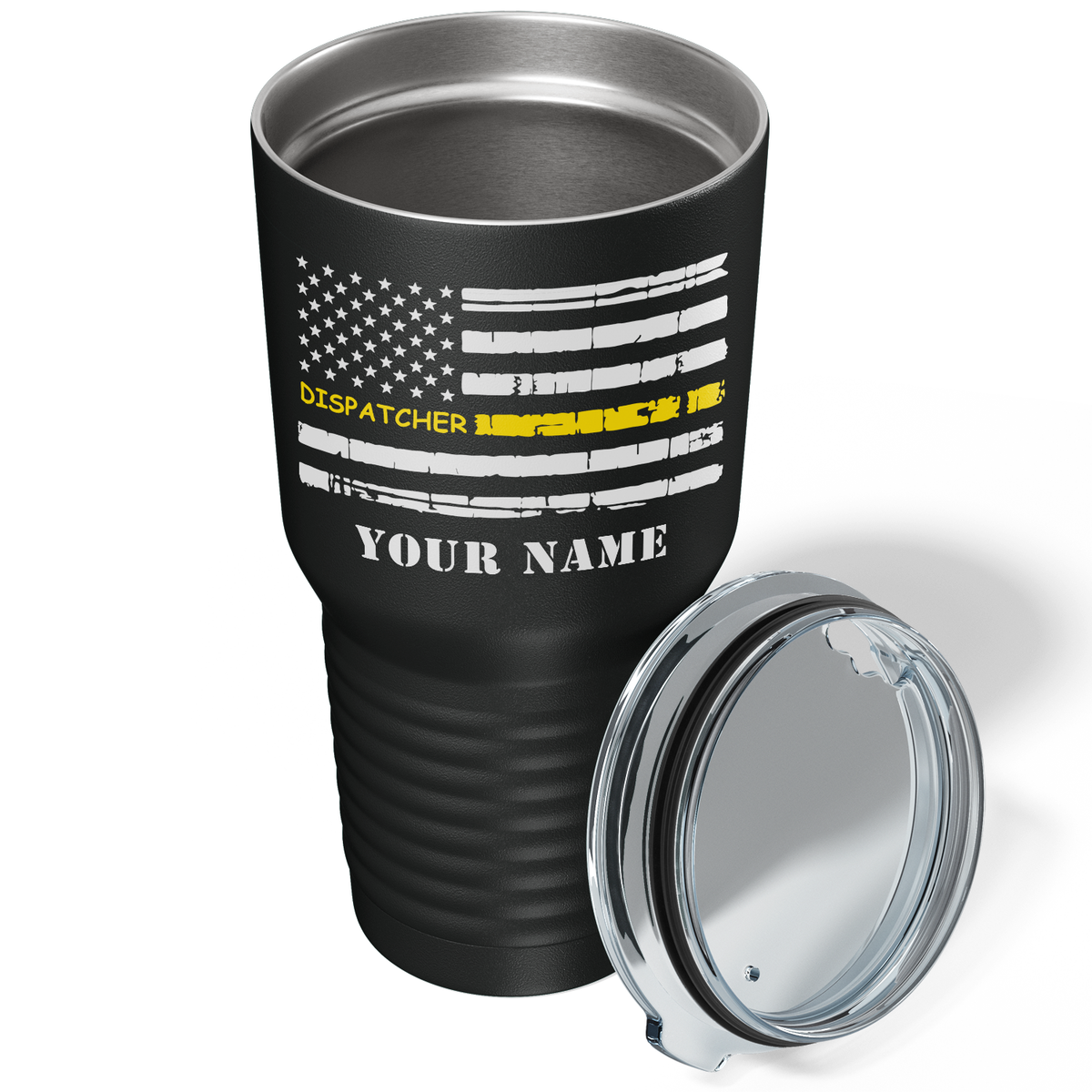 Personalized Distressed Dispatcher Thin Gold Line Flag on Black 30oz Dispatcher Tumbler