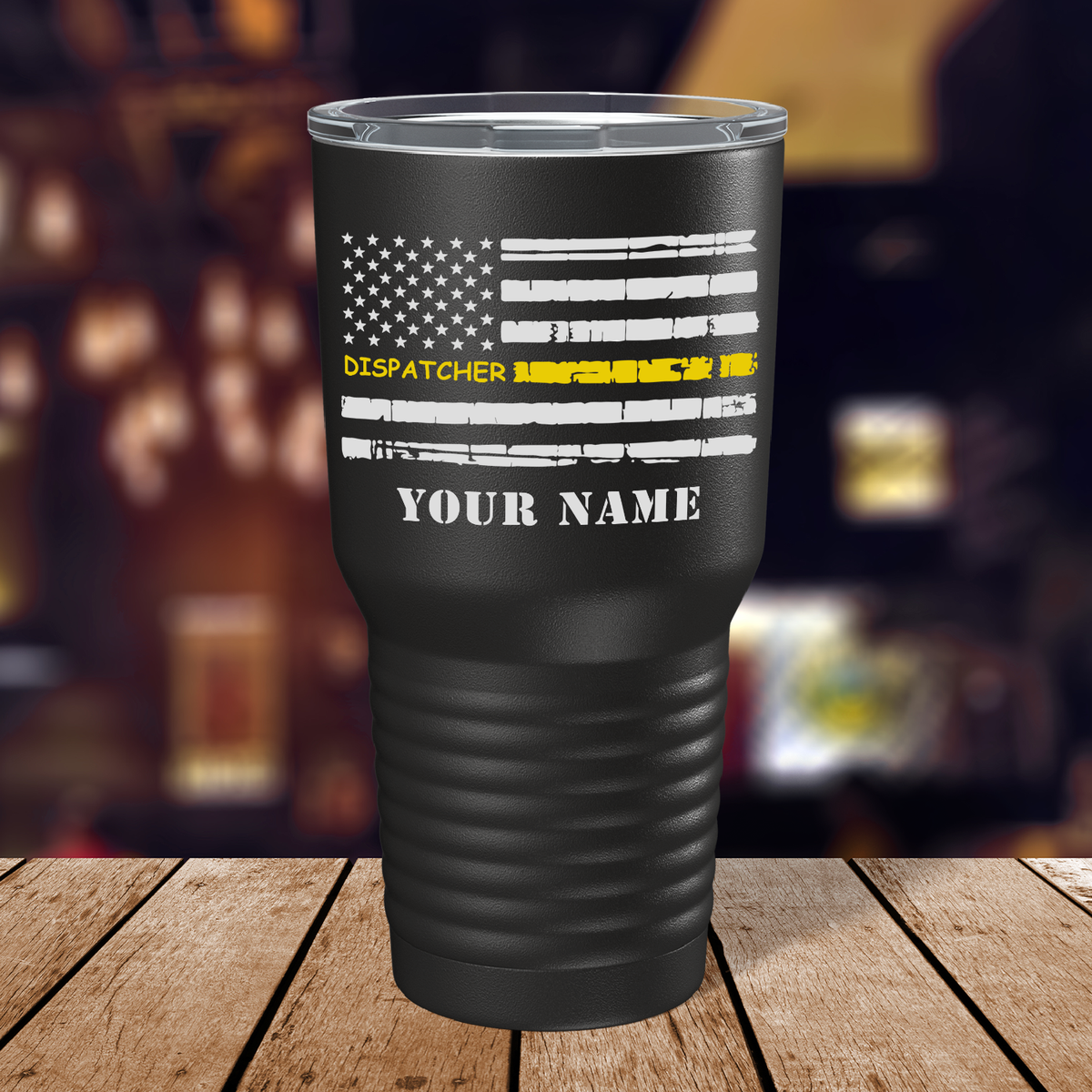 Personalized Distressed Dispatcher Thin Gold Line Flag on Black 30oz Dispatcher Tumbler