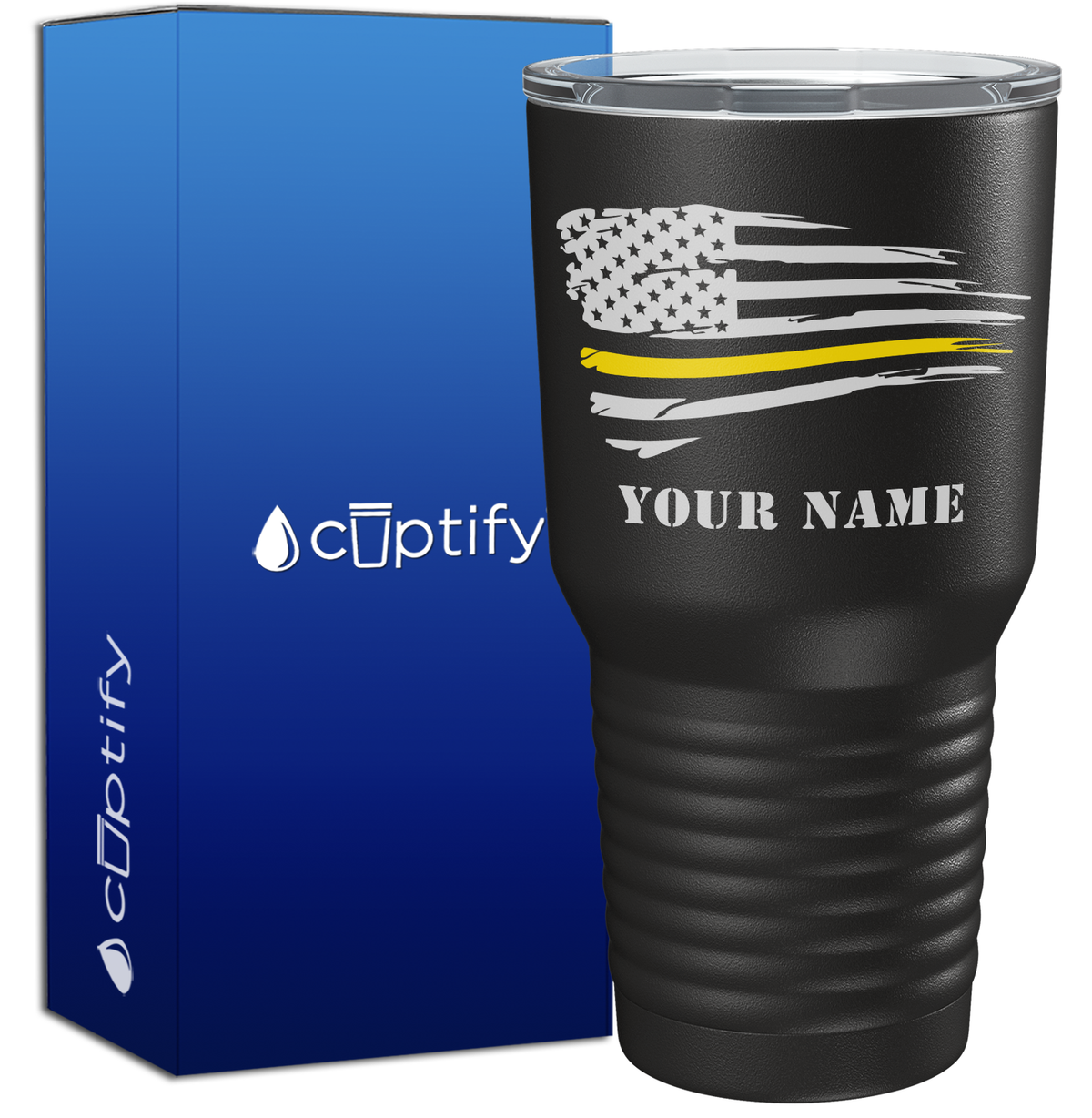 Personalized Flying Dispatcher Thin Gold Line Flag on Black 30oz Dispatcher Tumbler