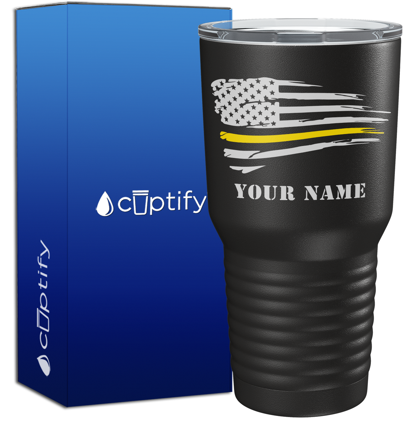 Personalized Flying Dispatcher Thin Gold Line Flag on Black 30oz Dispatcher Tumbler