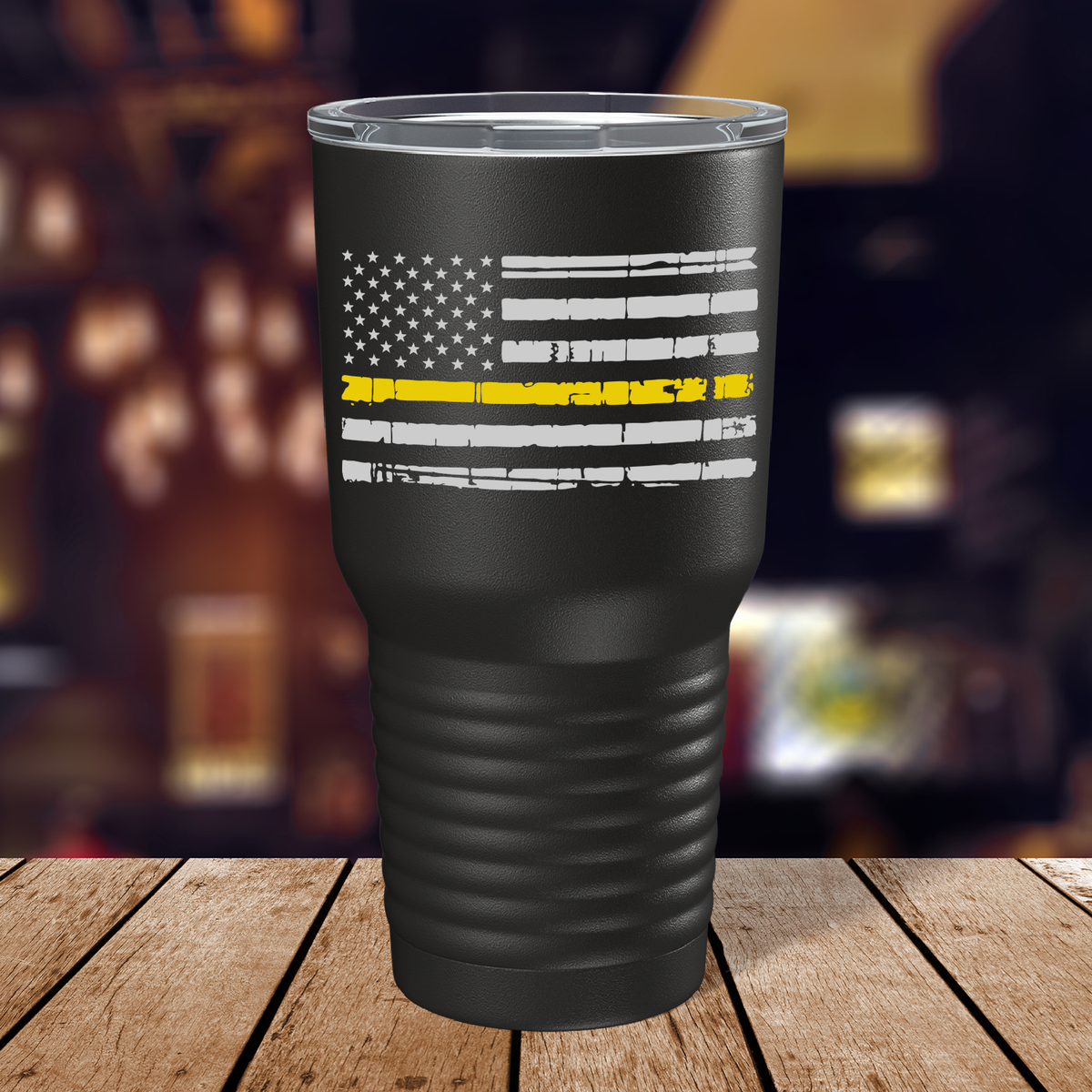 Distressed Dispatcher Thin Gold Line Flag on Black 30oz Dispatcher Tumbler