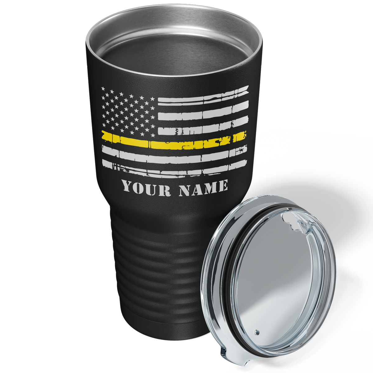 Personalized Distressed Dispatcher Thin Gold Line Flag White on Black 30oz Dispatcher Tumbler