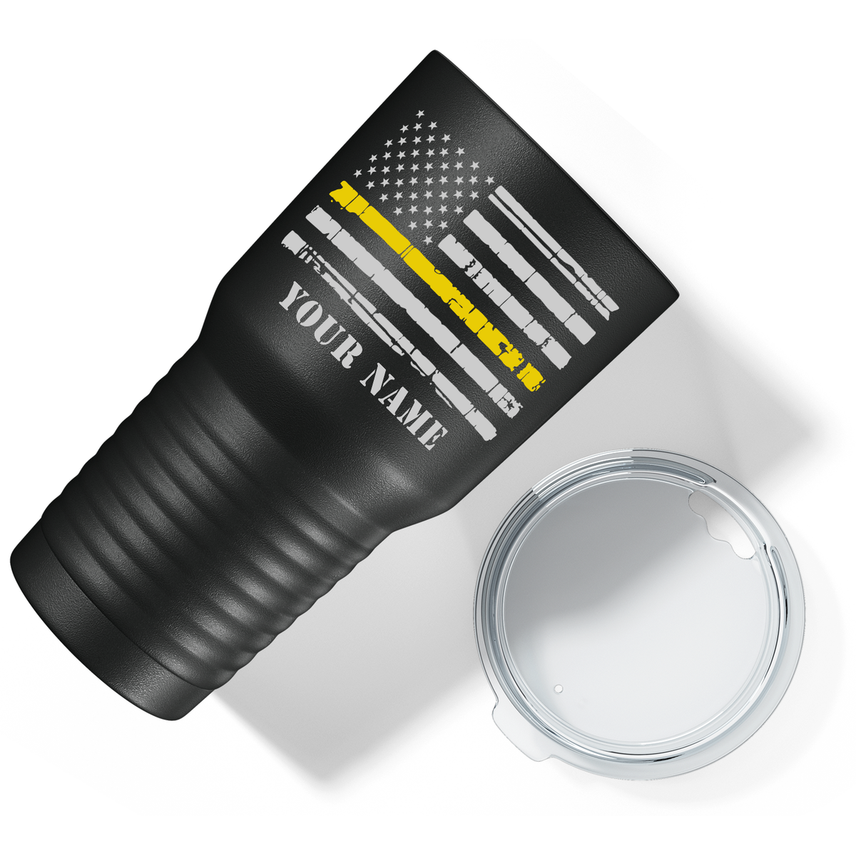 Personalized Distressed Dispatcher Thin Gold Line Flag White on Black 30oz Dispatcher Tumbler