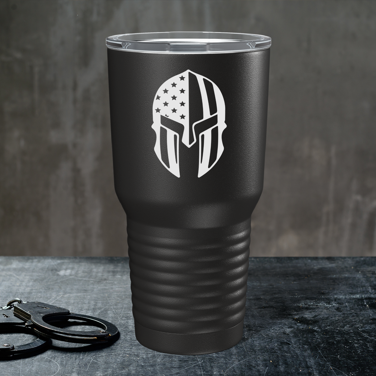 Police Spartan Helmet on Black 30oz Police Tumbler
