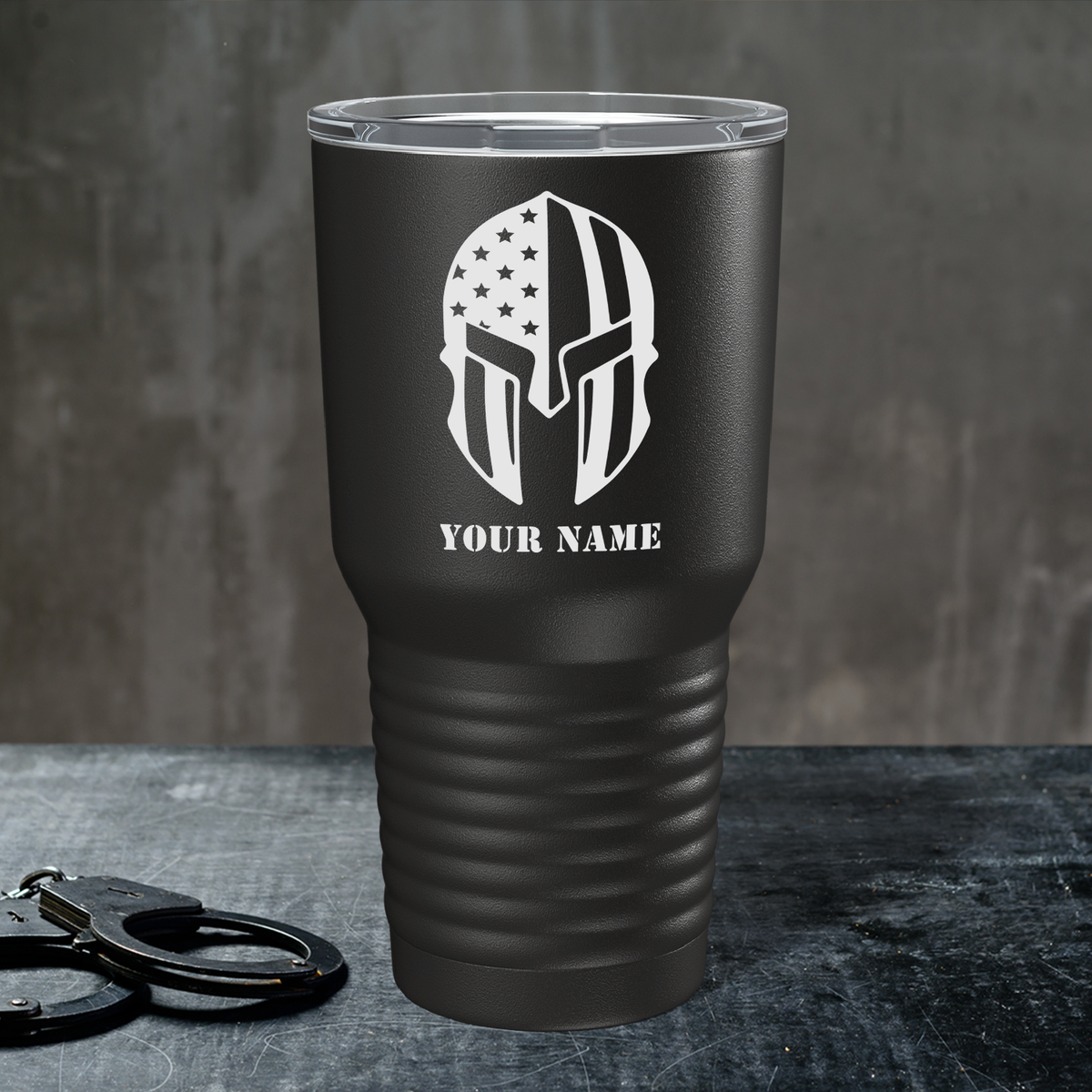 Personalized Police Spartan Helmet on Black 30oz Police Tumbler