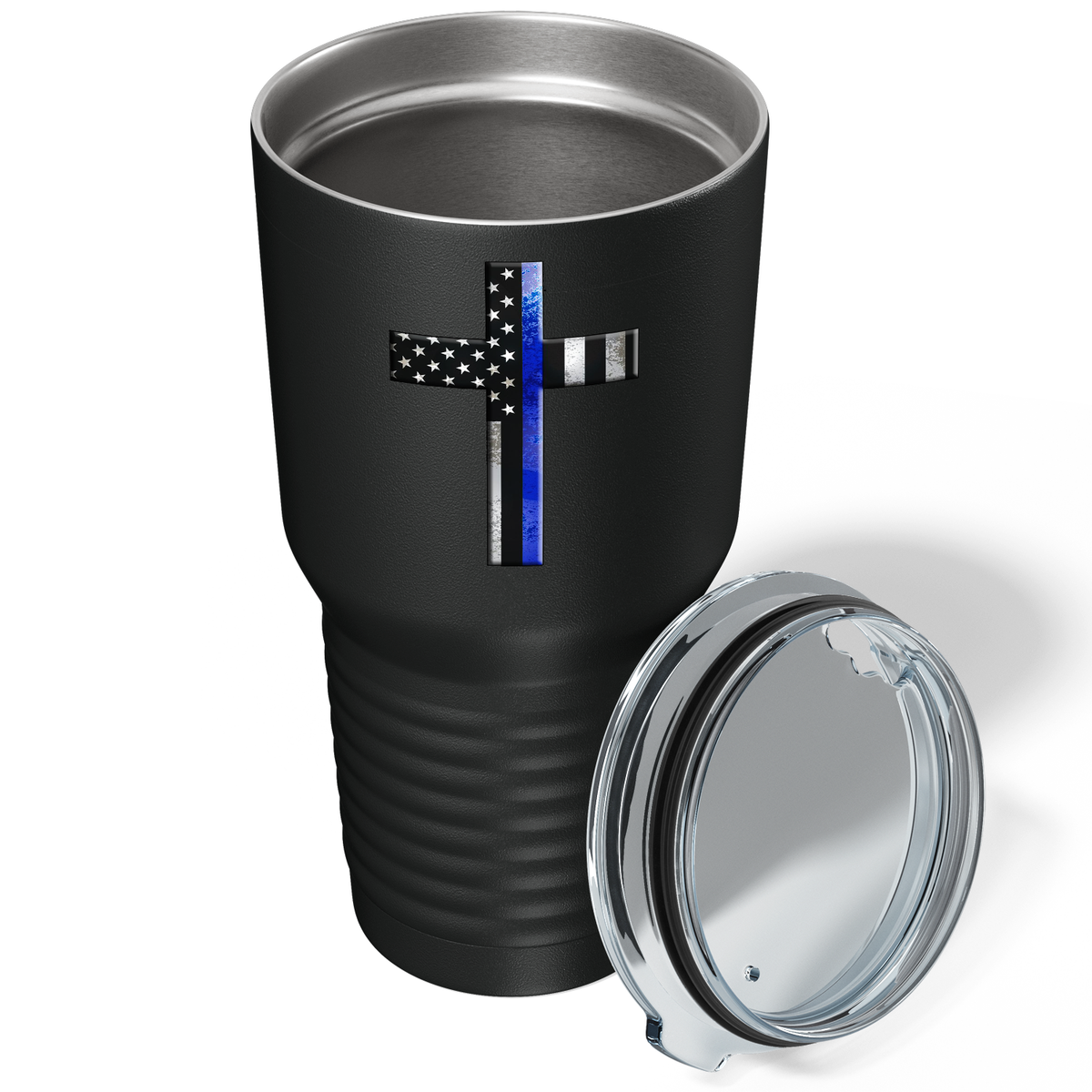 Retro Thin Blue Line Cross on Black 30oz Police Tumbler
