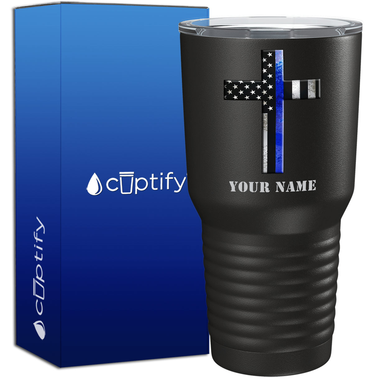 Personalized Retro Thin Blue Line Cross on Black 30oz Police Tumbler