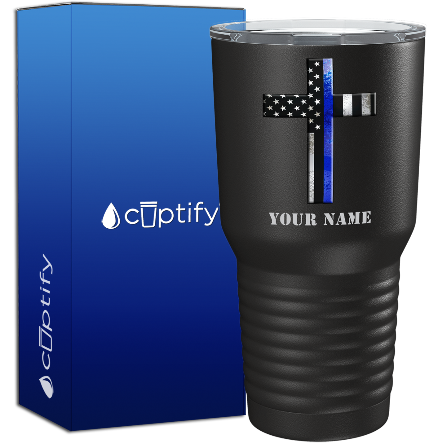 Personalized Retro Thin Blue Line Cross on Black 30oz Police Tumbler