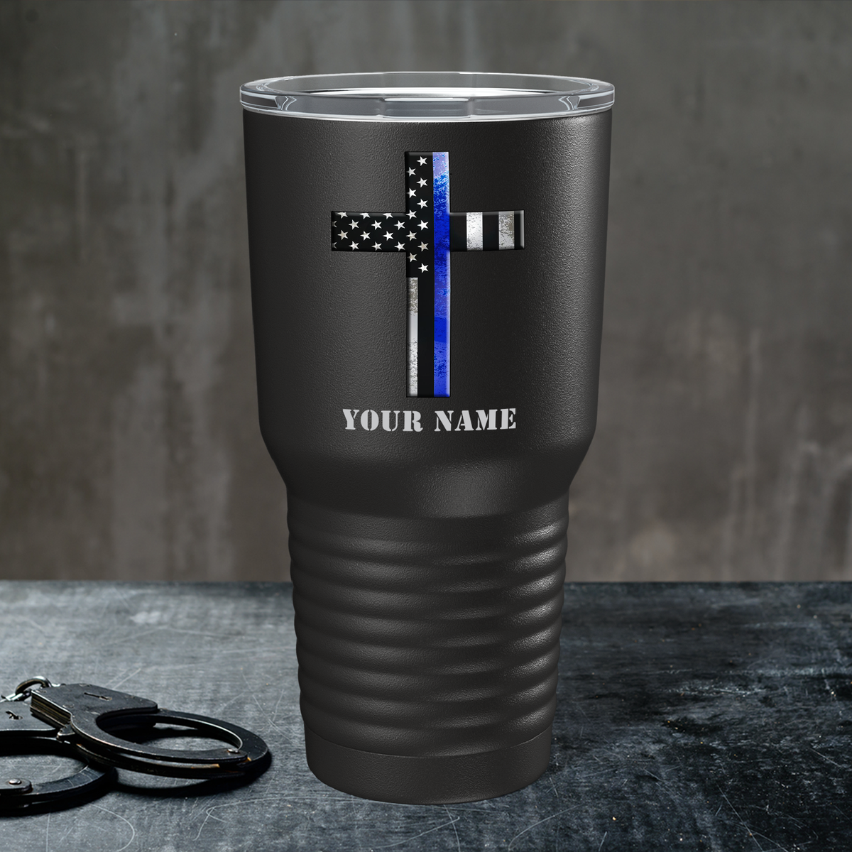 Personalized Retro Thin Blue Line Cross on Black 30oz Police Tumbler