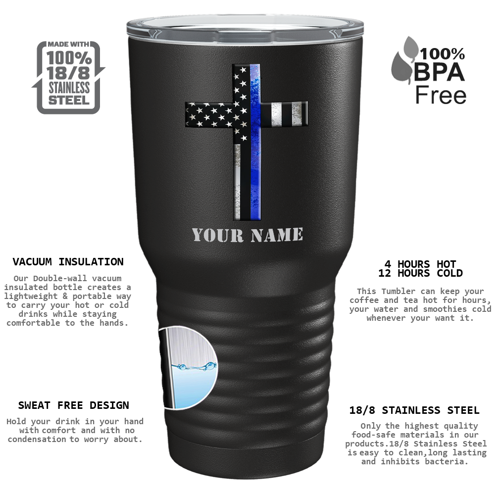 Personalized Retro Thin Blue Line Cross on Black 30oz Police Tumbler