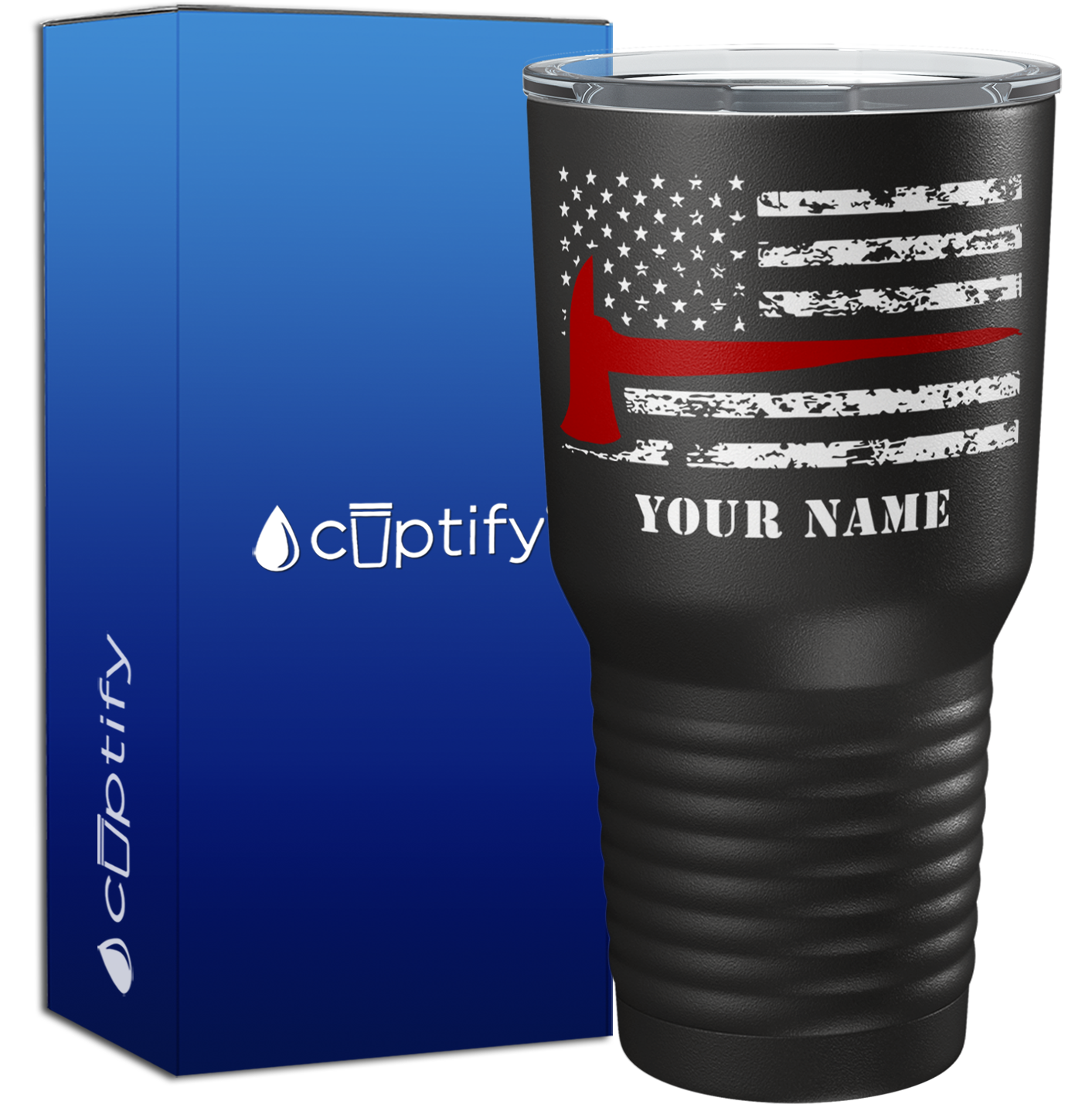 Personalized Distressed Thin Red Line Flag with Axe on Black 30oz Firefighter Tumbler