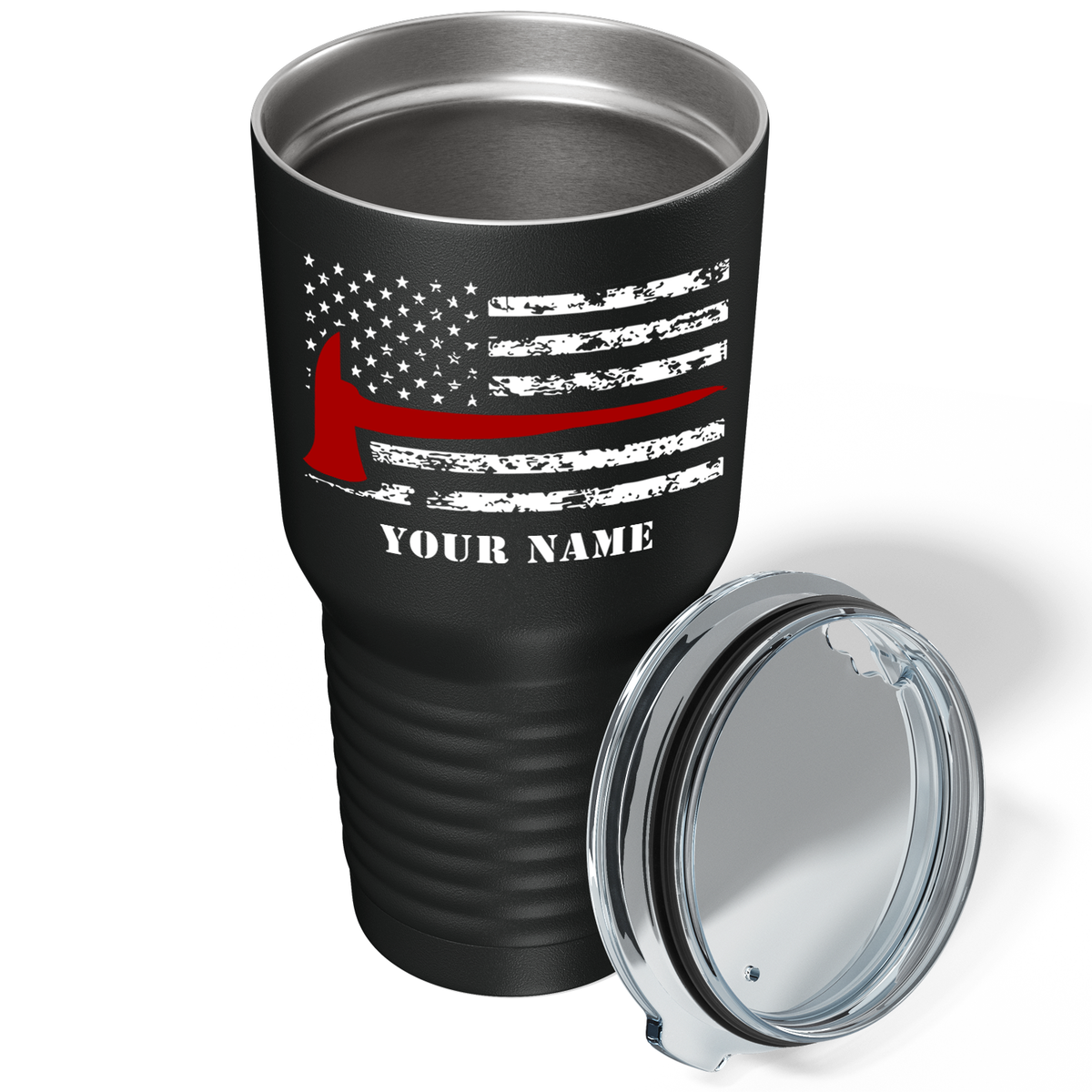 Personalized Distressed Thin Red Line Flag with Axe on Black 30oz Firefighter Tumbler