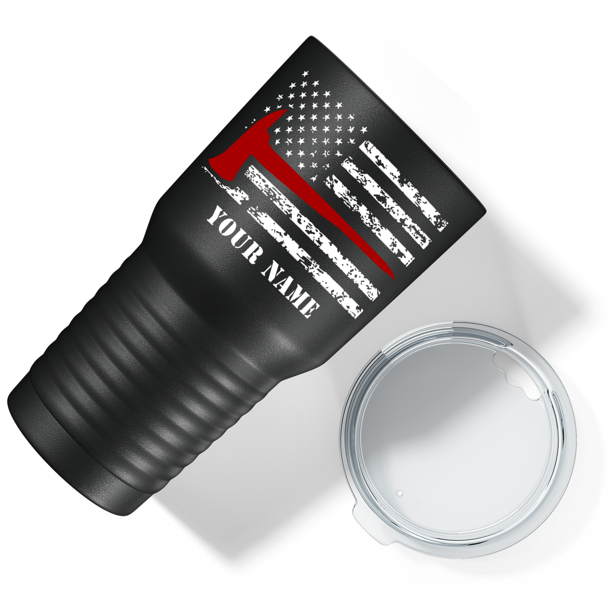 Personalized Distressed Thin Red Line Flag with Axe on Black 30oz Firefighter Tumbler