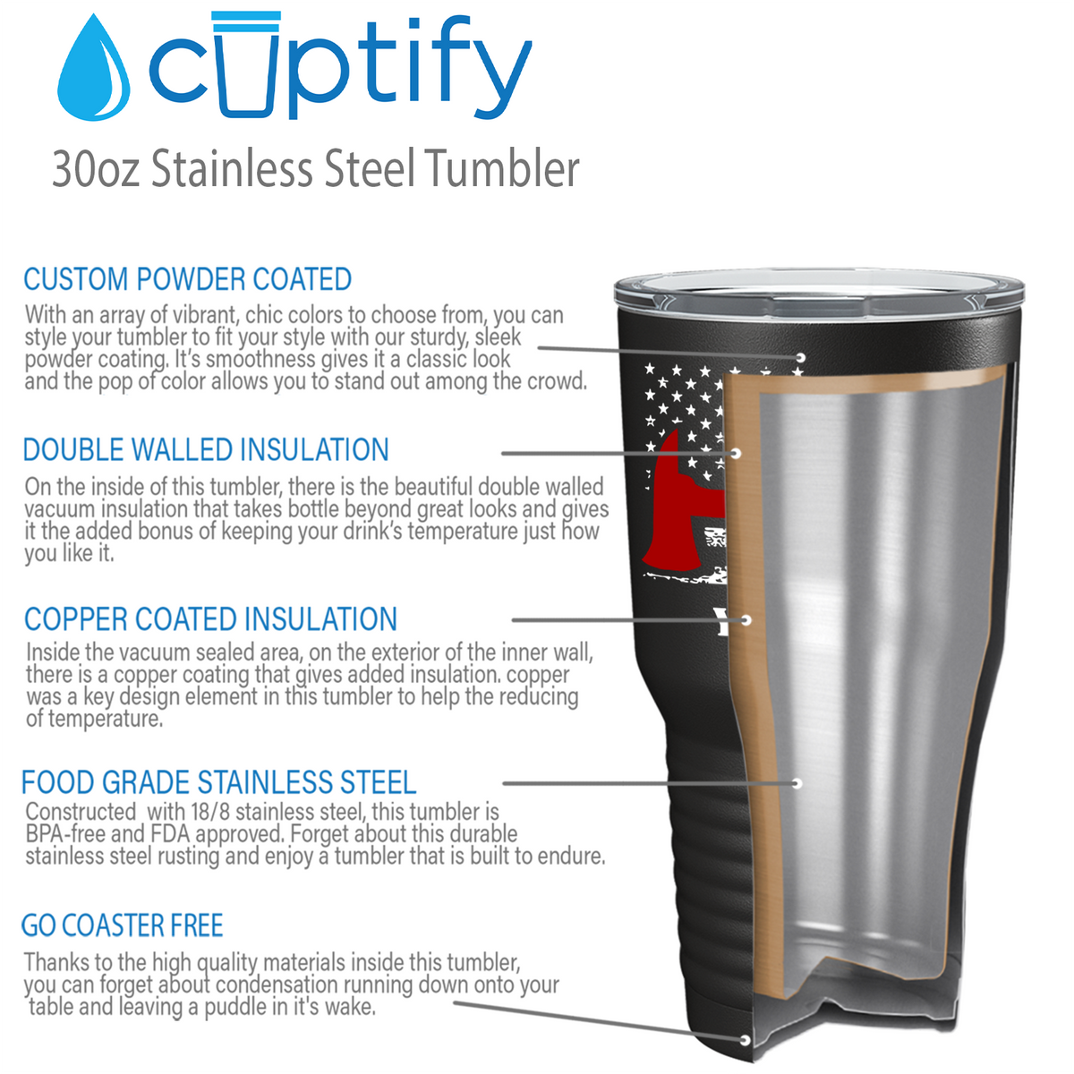 Personalized Distressed Thin Red Line Flag with Axe on Black 30oz Firefighter Tumbler