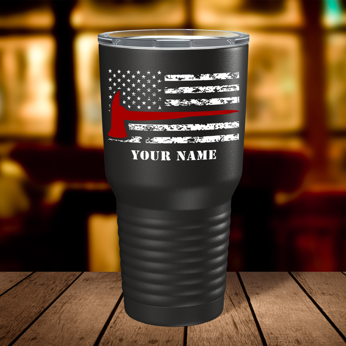 Personalized Distressed Thin Red Line Flag with Axe on Black 30oz Firefighter Tumbler