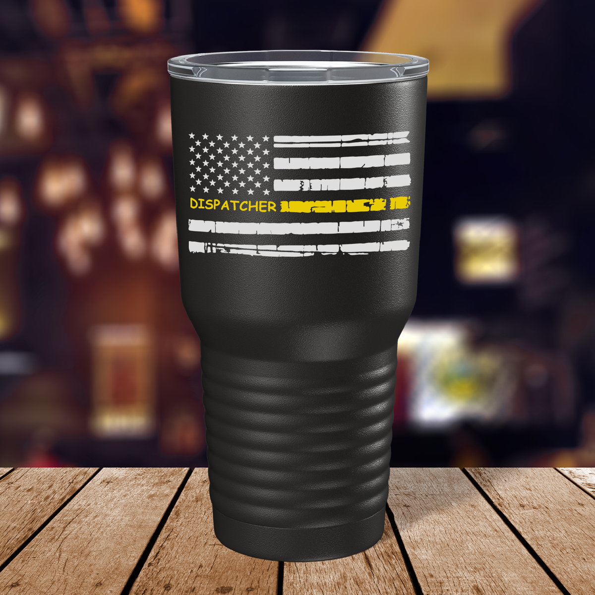 Distressed Dispatcher Thin Gold Line Flag White on Black 30oz Dispatcher Tumbler