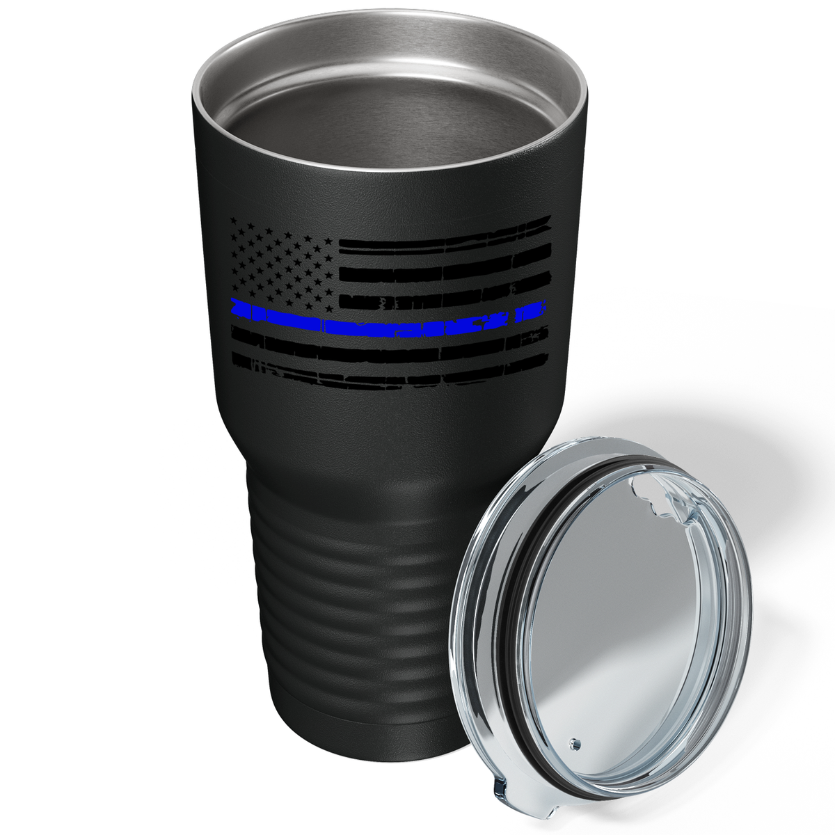 Distressed Thin Blue Line Flag on Black 30oz Police Tumbler