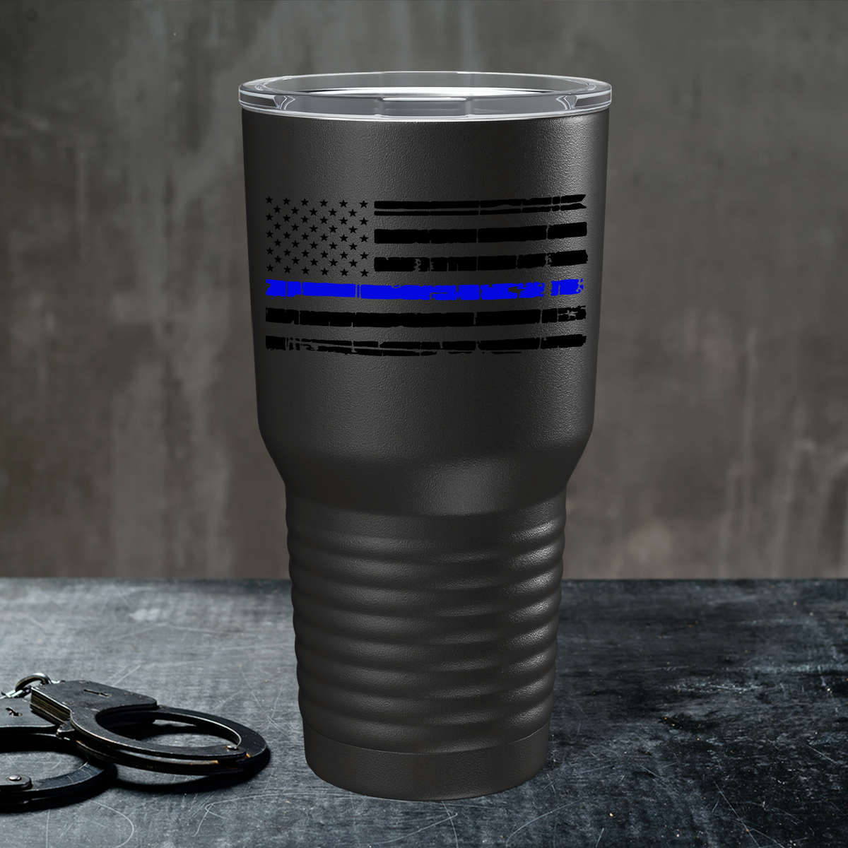 Distressed Thin Blue Line Flag on Black 30oz Police Tumbler