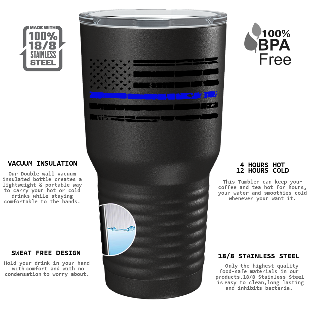 Distressed Thin Blue Line Flag on Black 30oz Police Tumbler