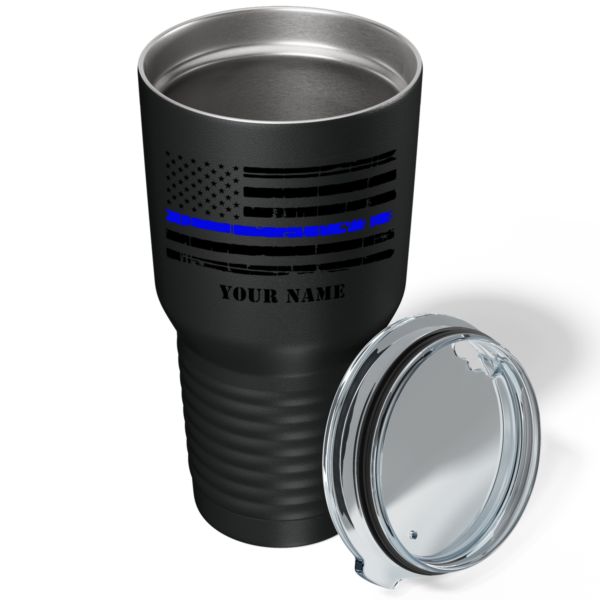 Personalized Distressed Thin Blue Line Flag on Black 30oz Police Tumbler