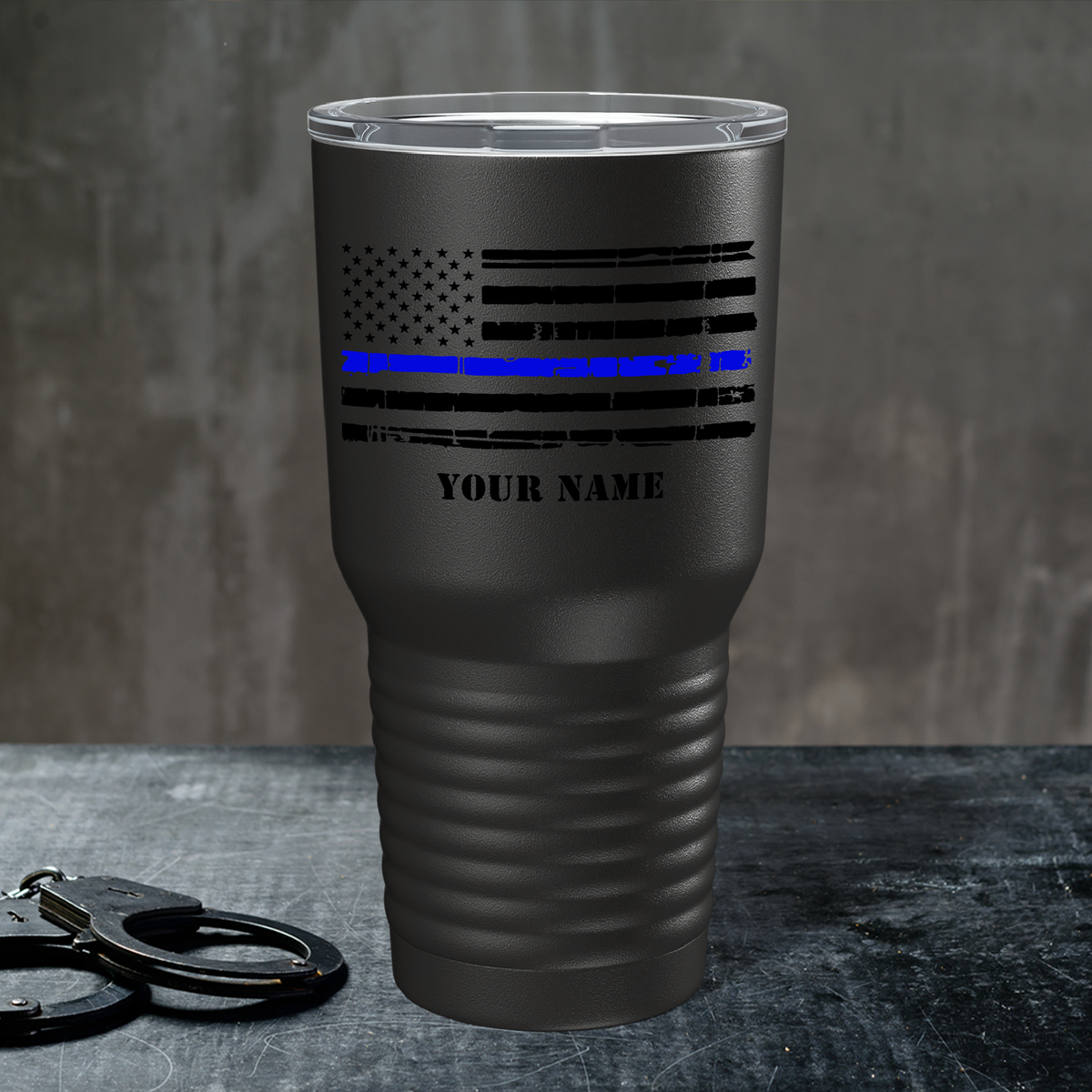 Personalized Distressed Thin Blue Line Flag on Black 30oz Police Tumbler