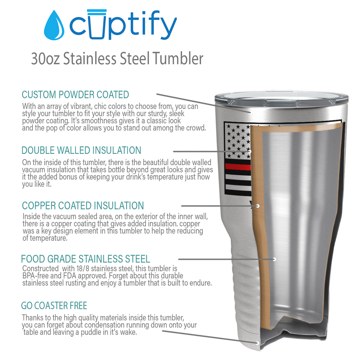 Personalized Thin Red Line on Stainless 30oz Firefighter Tumbler