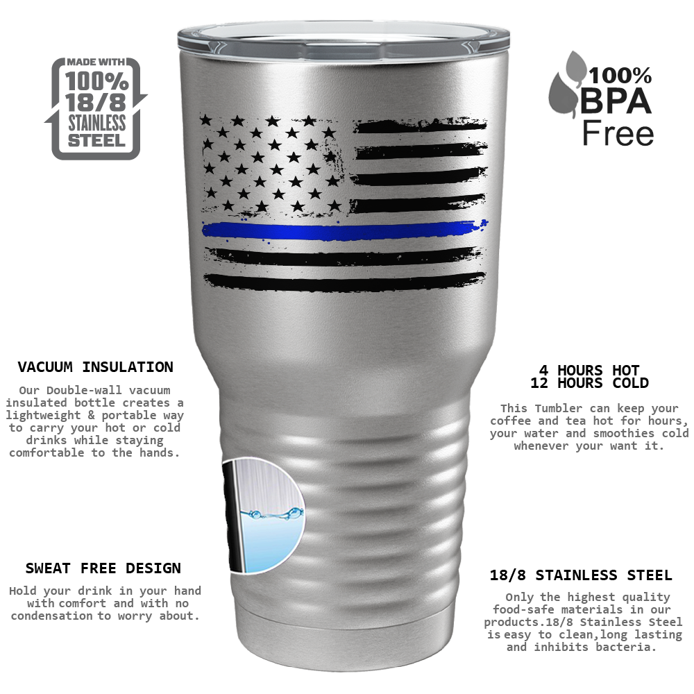 Retro USA Flag Police Thin Blue Line on Stainless 30oz Police Tumbler