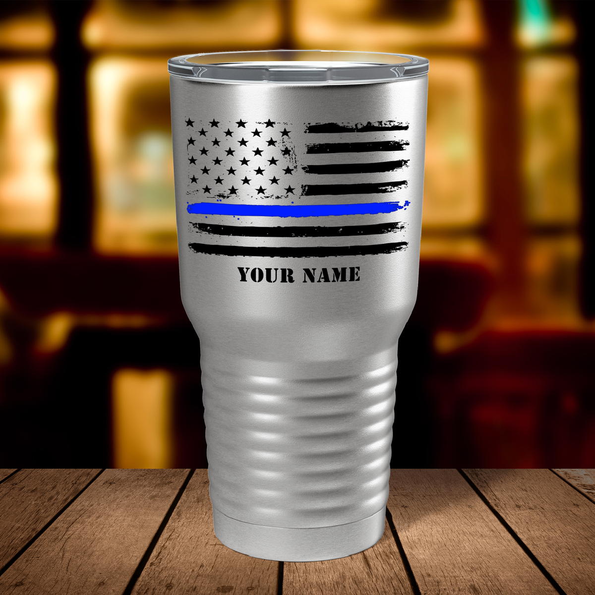 Personalized Retro USA Flag Police Thin Blue Line on Stainless 30oz Police Tumbler