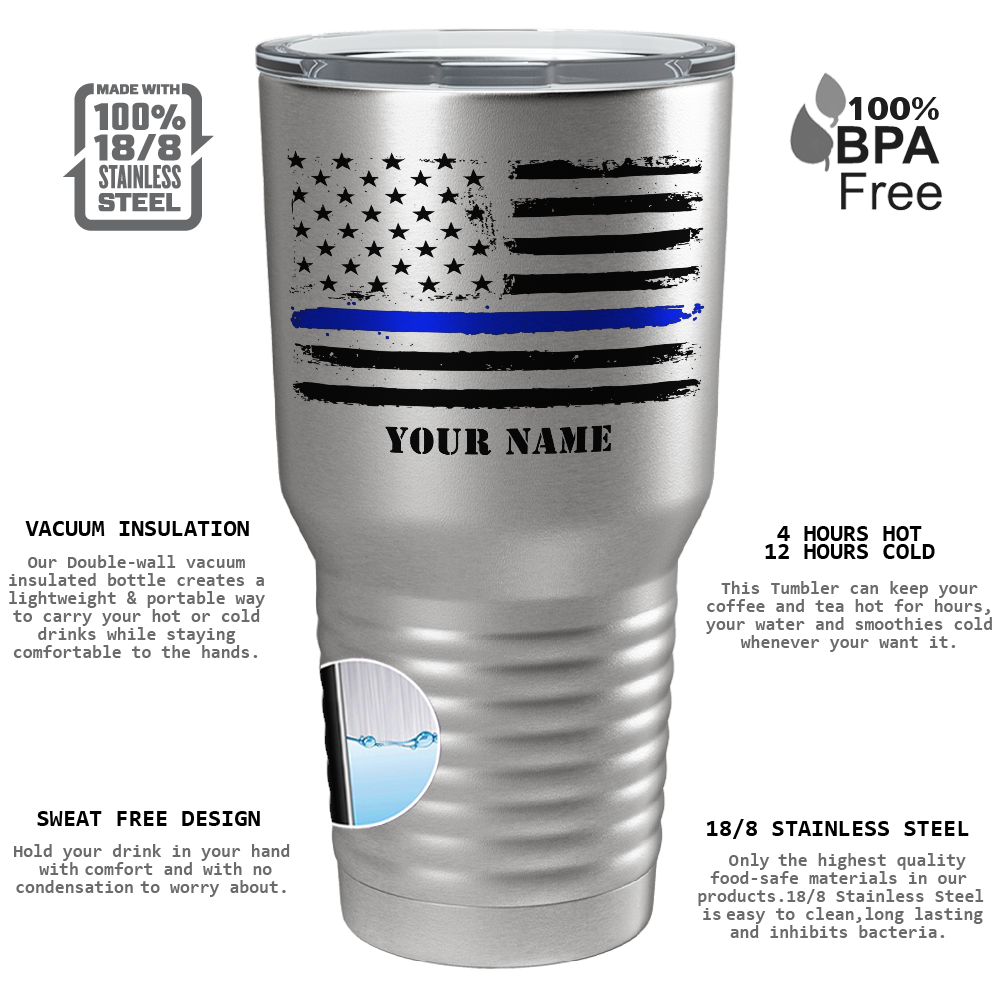 Personalized Retro USA Flag Police Thin Blue Line on Stainless 30oz Police Tumbler