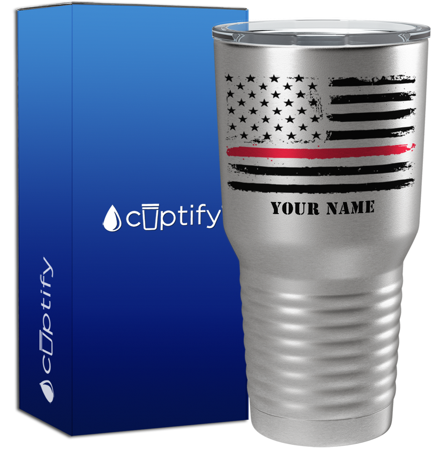 Personalized Retro USA Flag Thin Red Line on Stainless 30oz Firefighter Tumbler