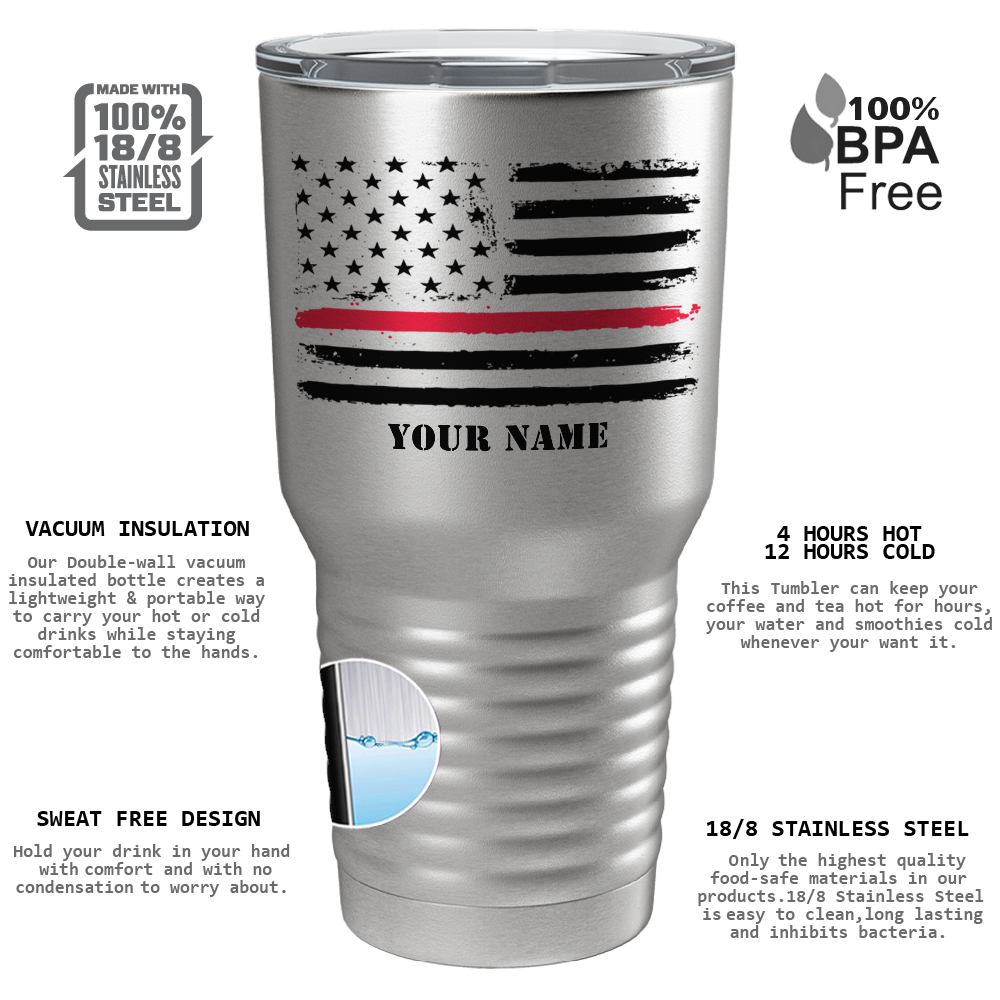 Personalized Retro USA Flag Thin Red Line on Stainless 30oz Firefighter Tumbler
