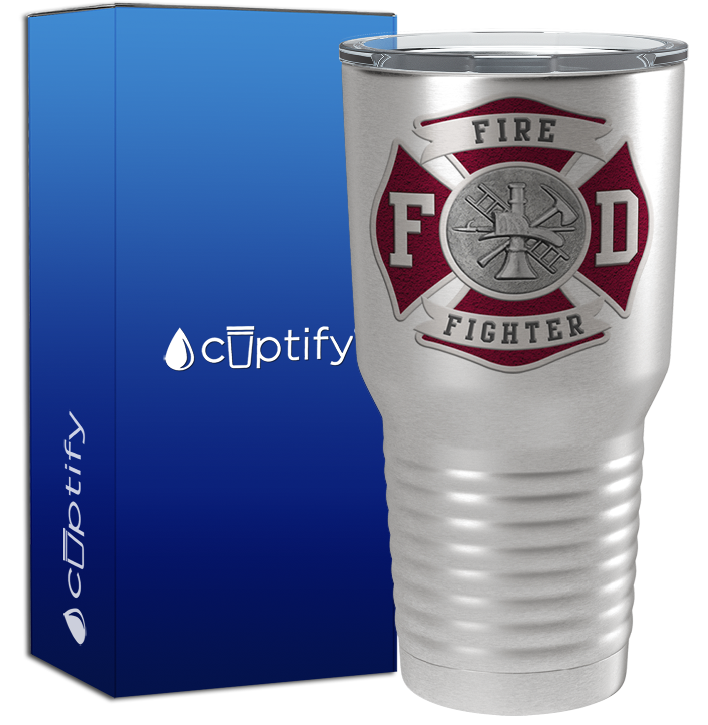 Red Fire Department Badge on Stainless 30oz Firefighter Tumbler